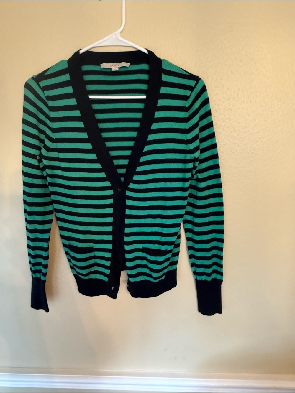 LOFT Black and Green Striped V-Neck Cardigan